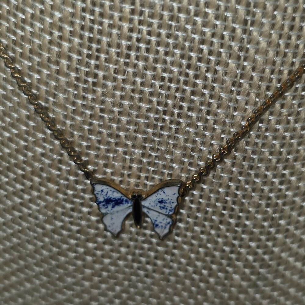 Dainty Delft Style Butterfly Necklace Blue White Porcelain Enamel Pendant